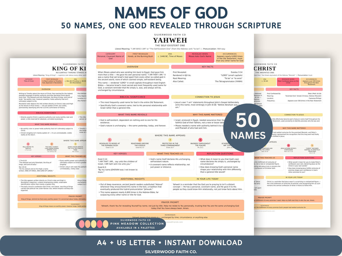 50 Names of God Bible Study Guide, 50 Summaries on God's Name in the Bible, Printable Scripture Worksheet,PINK MEADOW (Digital Download)