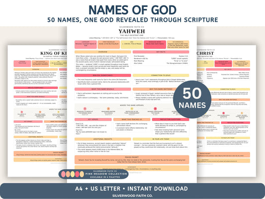 50 Names of God Bible Study Guide, 50 Summaries on God's Name in the Bible, Printable Scripture Worksheet,PINK MEADOW (Digital Download)