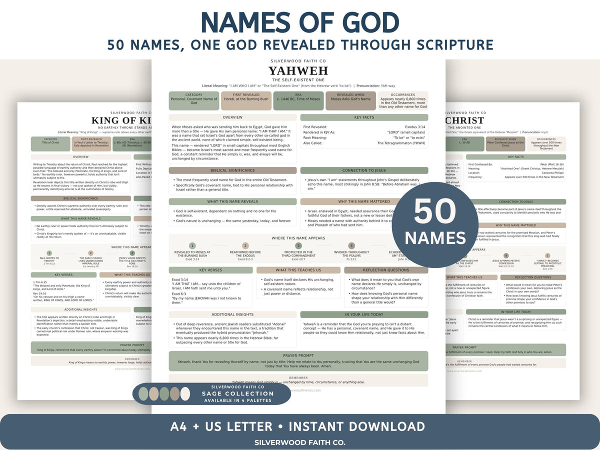 50 Names of God Bible Study Guide, 50 Summaries on God's Name in the Bible, Printable Scripture Worksheet, SAGE (Digital Download)