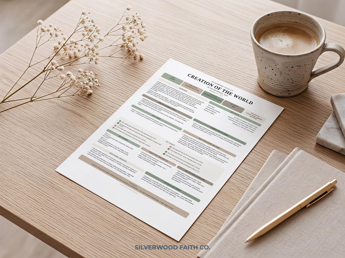 Biblical events reference sheet artwork instant download — organized study material in soft sage tones for faith spaces