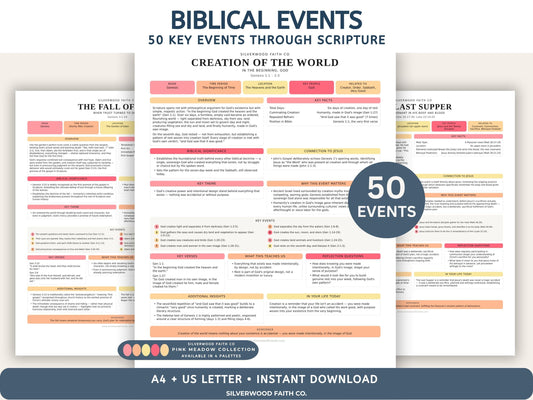Biblical Events Summary Bible Study, 50 Events of the Bible, Sunday School Biblical Timeline Printable PDF,PINK MEADOW(Digital Download) 542