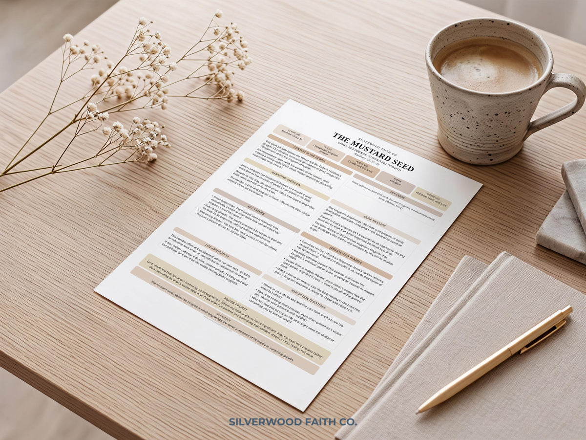 Mustard Seed parable worksheet wall art instant download — cozy aesthetic with dried flowers, coffee cup, and gold pen styling