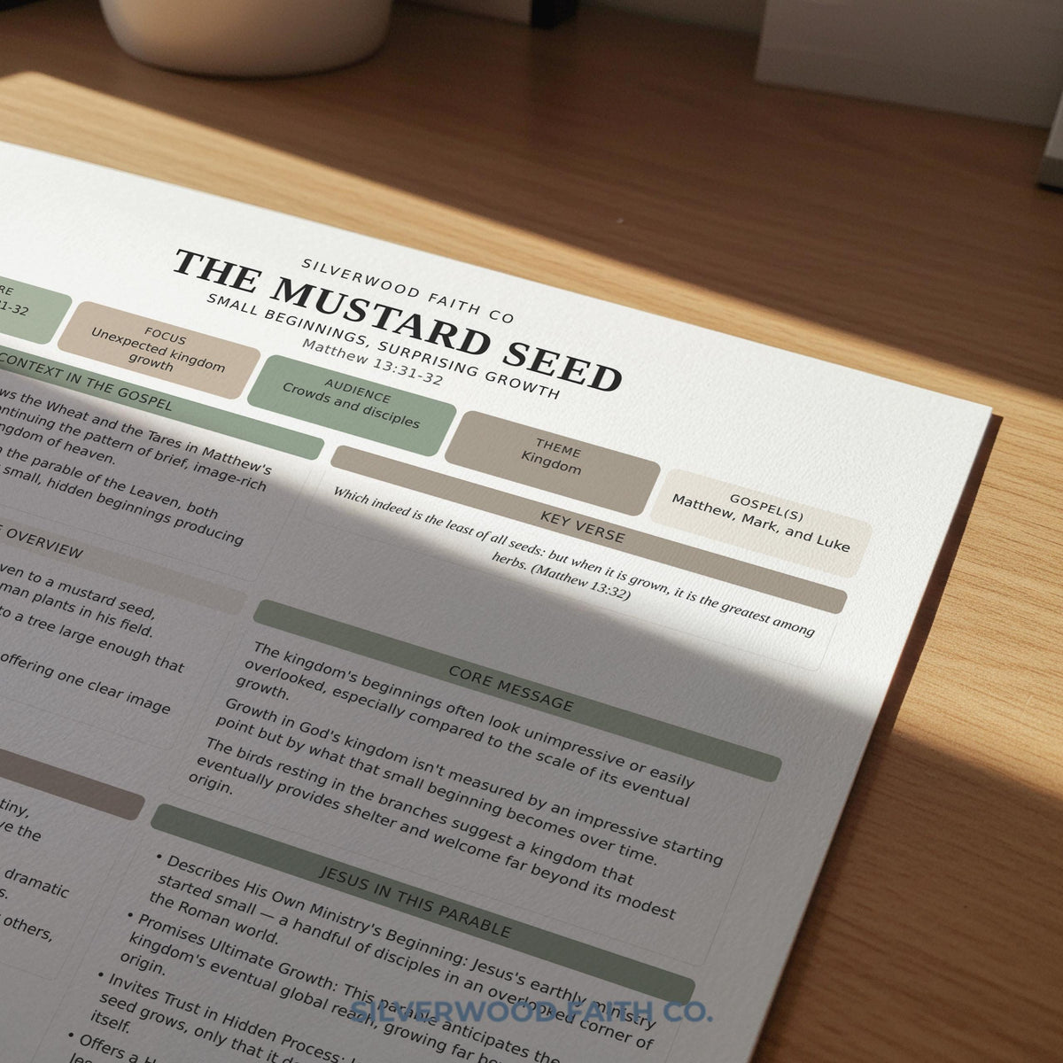 Mustard Seed Bible study worksheet printable art for home office — sage green faith-based devotional with scripture reflection sections