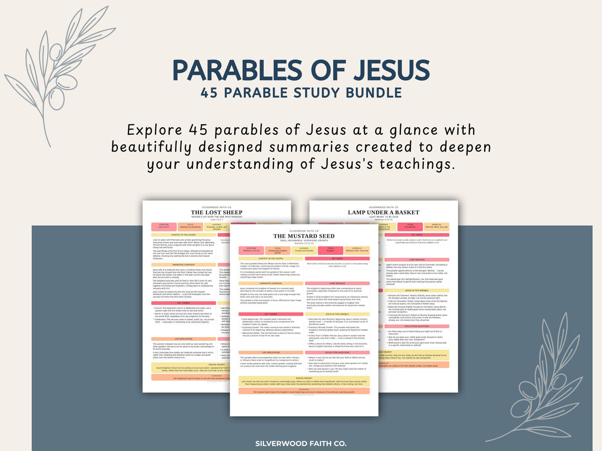 Parables of Jesus Study Guide, 45 Parable Summaries Bible Study Notes, Jesus Teachings, Christian Lessons, PINK MEADOW(Digital Download) 546