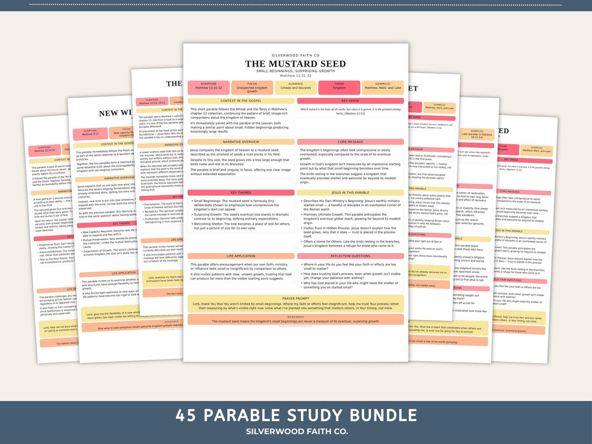 Parables of Jesus Study Guide, 45 Parable Summaries Bible Study Notes, Jesus Teachings, Christian Lessons, PINK MEADOW(Digital Download) 546