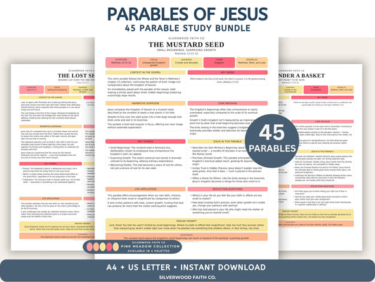 Parables of Jesus Study Guide, 45 Parable Summaries Bible Study Notes, Jesus Teachings, Christian Lessons, PINK MEADOW(Digital Download) 546