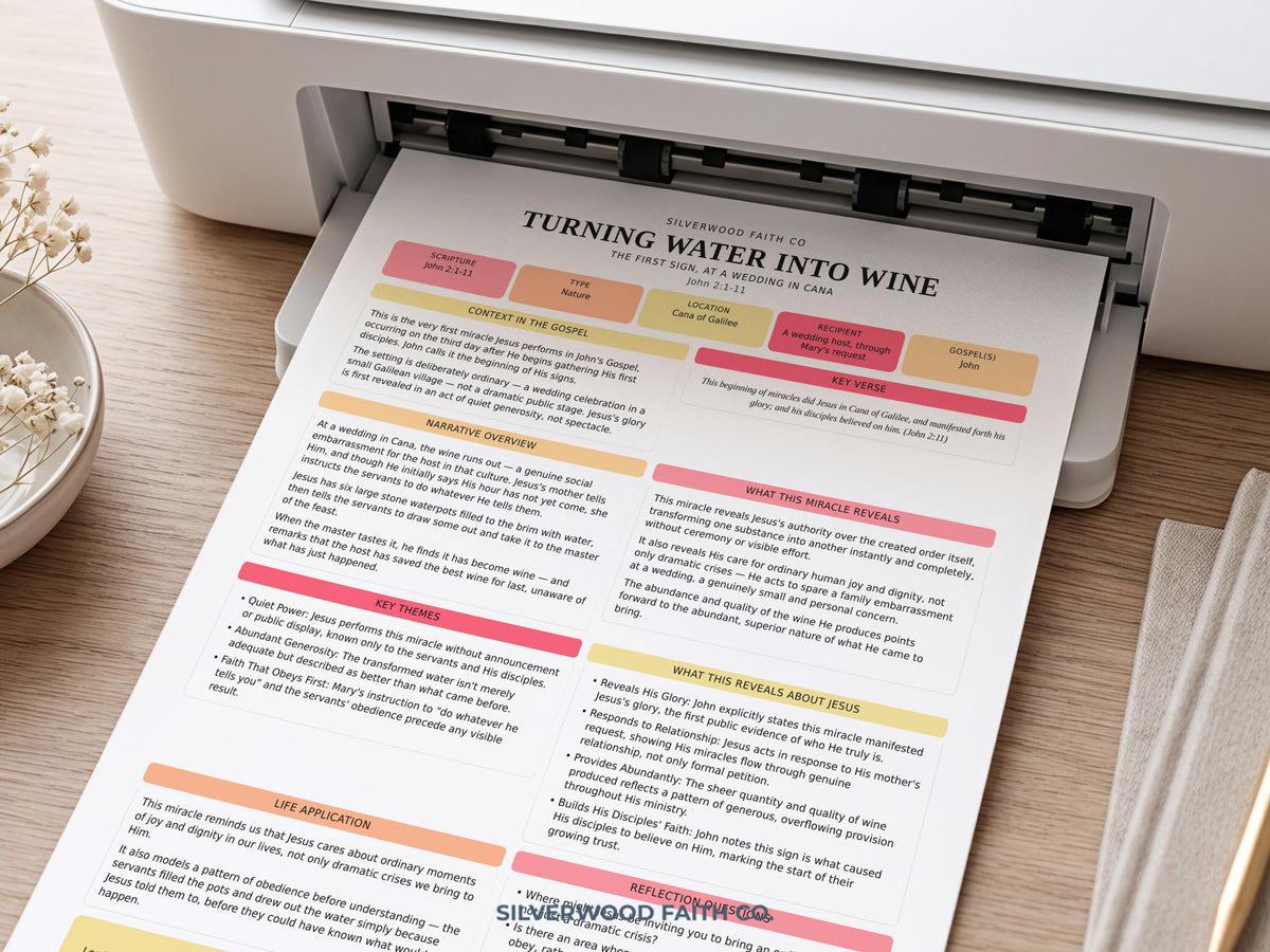 Scripture worksheet digital print featuring organized note-taking sections with pink, yellow, and cream headers for faith-based Bible journaling