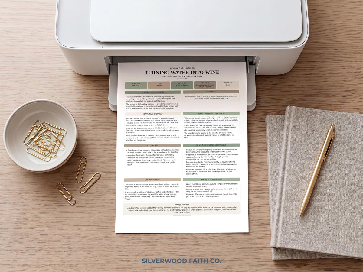 Christian Bible lesson picture for home study — structured layout with soft cottage-inspired design and warm beige tones