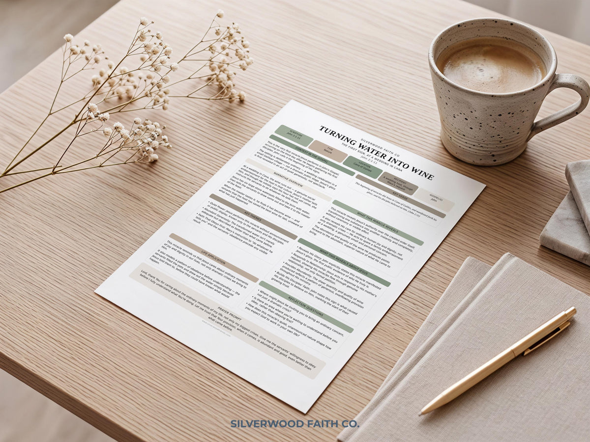 Jesus miracle study guide wall art instant download — clean design in muted sage, cream, and tan for spiritual reflection