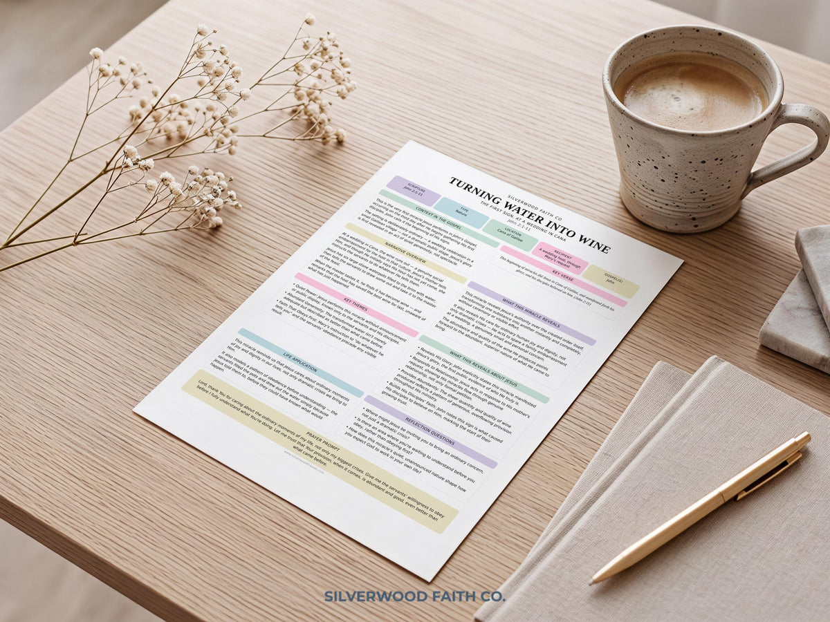 Christian education digital download for classroom — soft pastoral Bible study sheet with organized lavender, pink, and green text sections