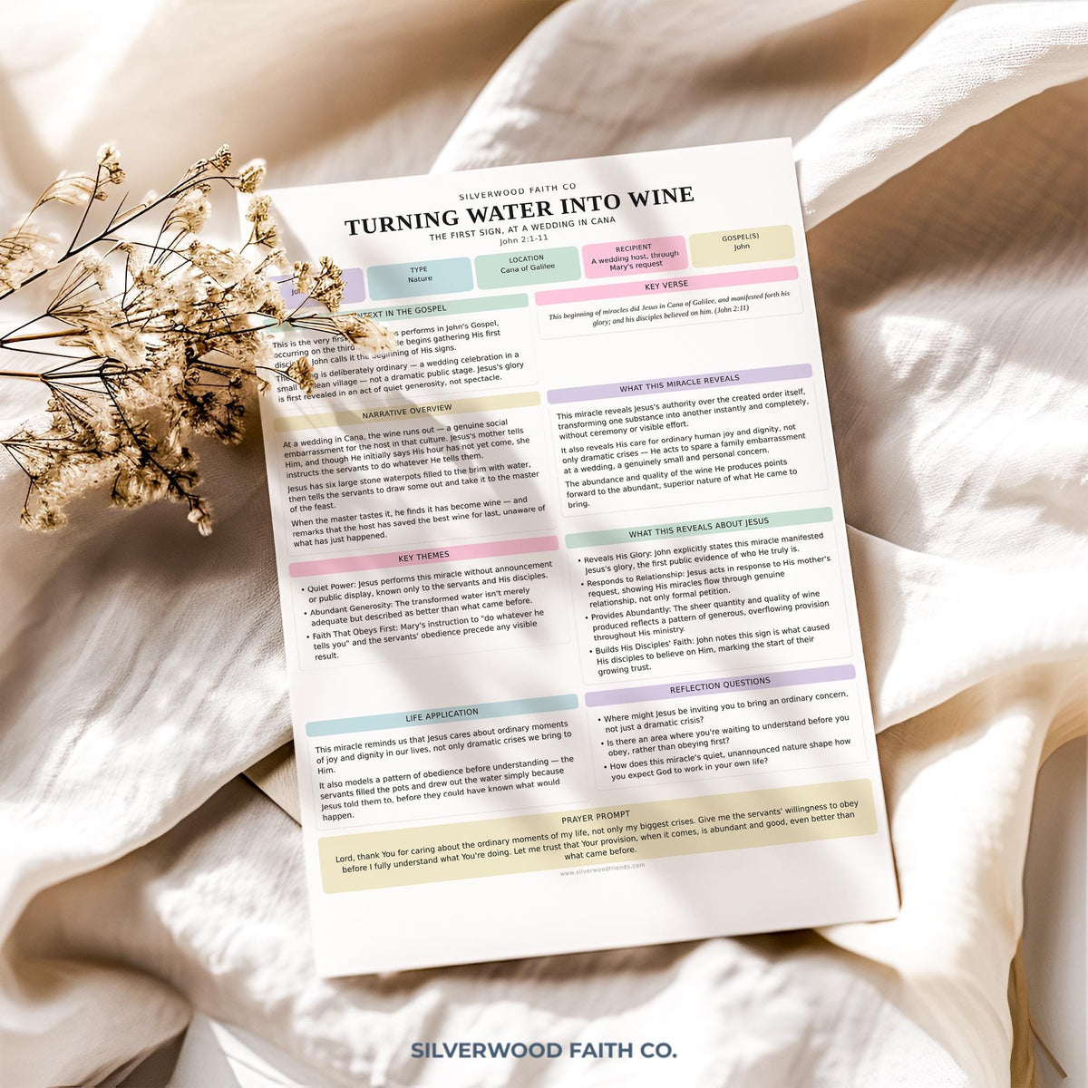 Bible group study digital artwork for fellowship space — gentle organized worksheet with soft cottagecore charm and color-coded devotional sections