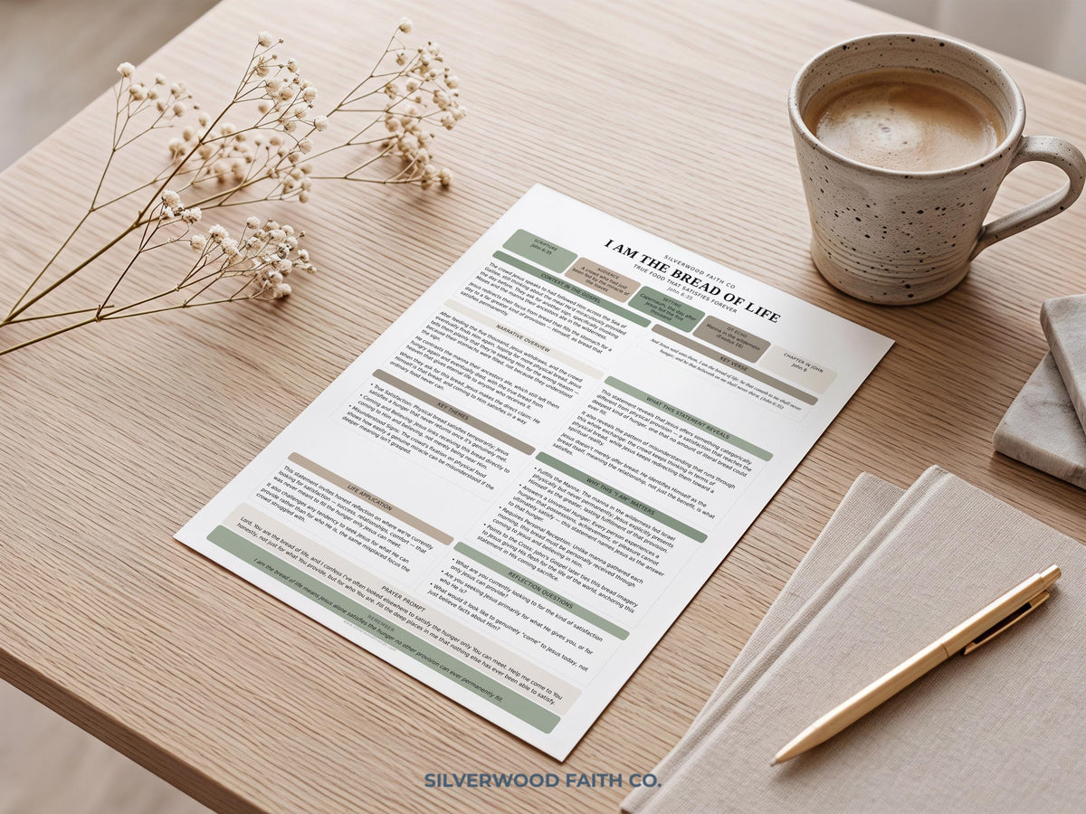 Devotional Bible study digital art print with organized reflection prompts, calming color scheme, and faith-centered design