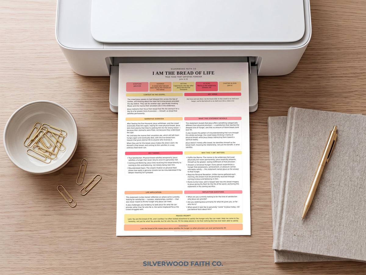 Scripture reflection digital print for living room featuring warm color palette, clean typography, and structured note-taking areas for believers