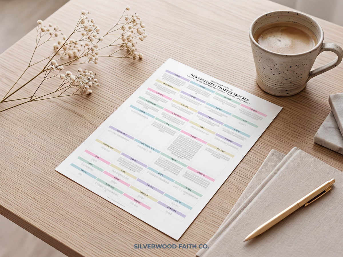 Spiritual study guide wall decor for Sunday school — charming checkpoint layout in soft pastels with coordinated book sections and tracking squares