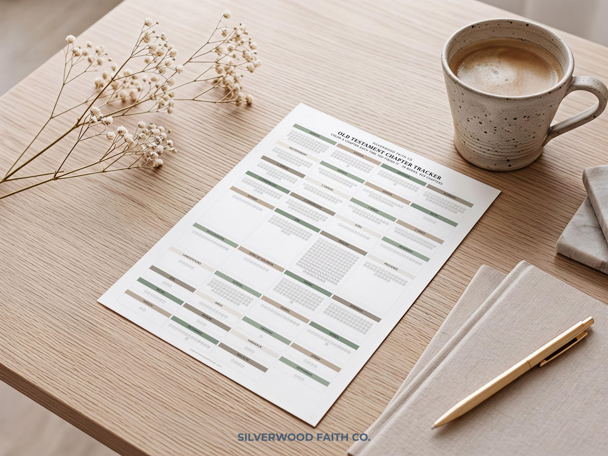 Bible chapter accountability chart printable decor — organized faith reading planner with clean sections and serene muted color palette