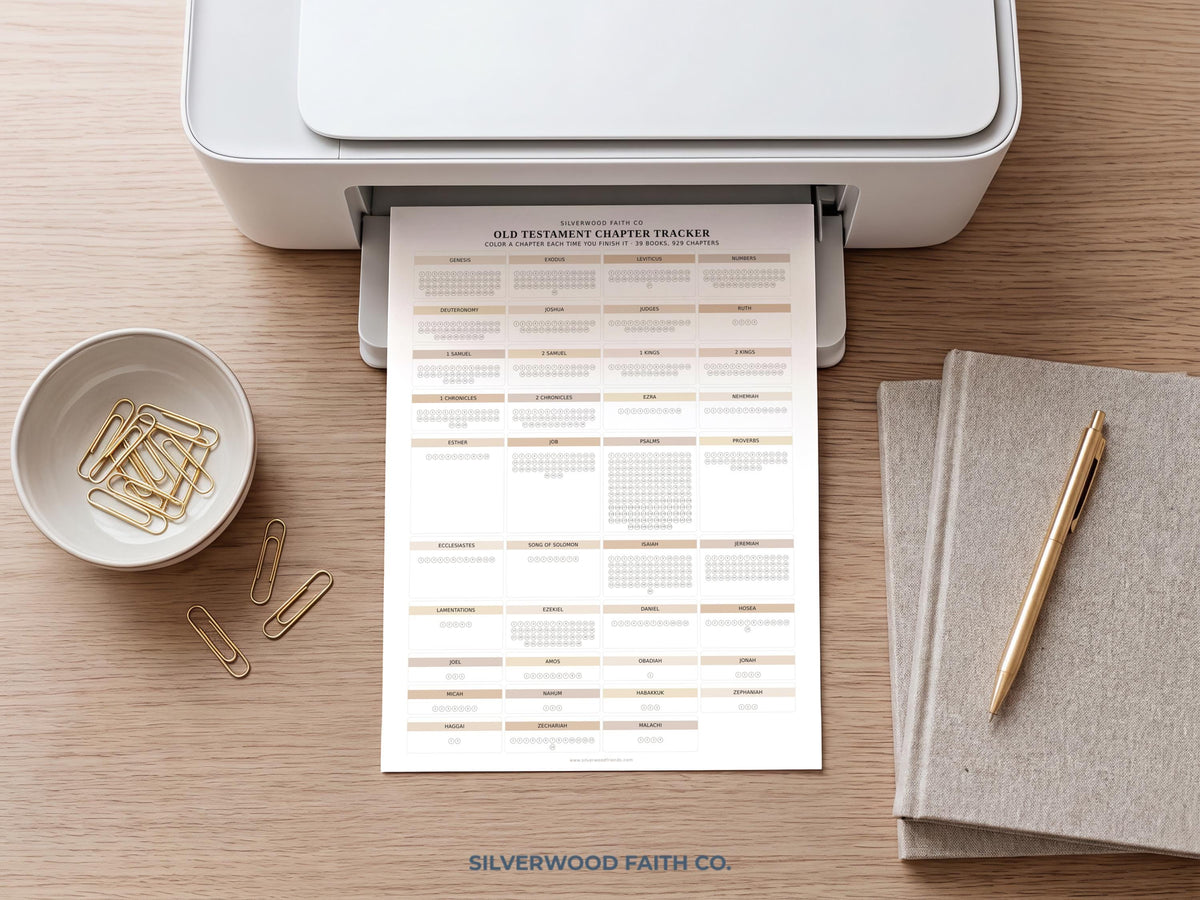 Books of the Bible tracker poster for faith journaling space — minimal checklist design with cashmere tones and simple header title