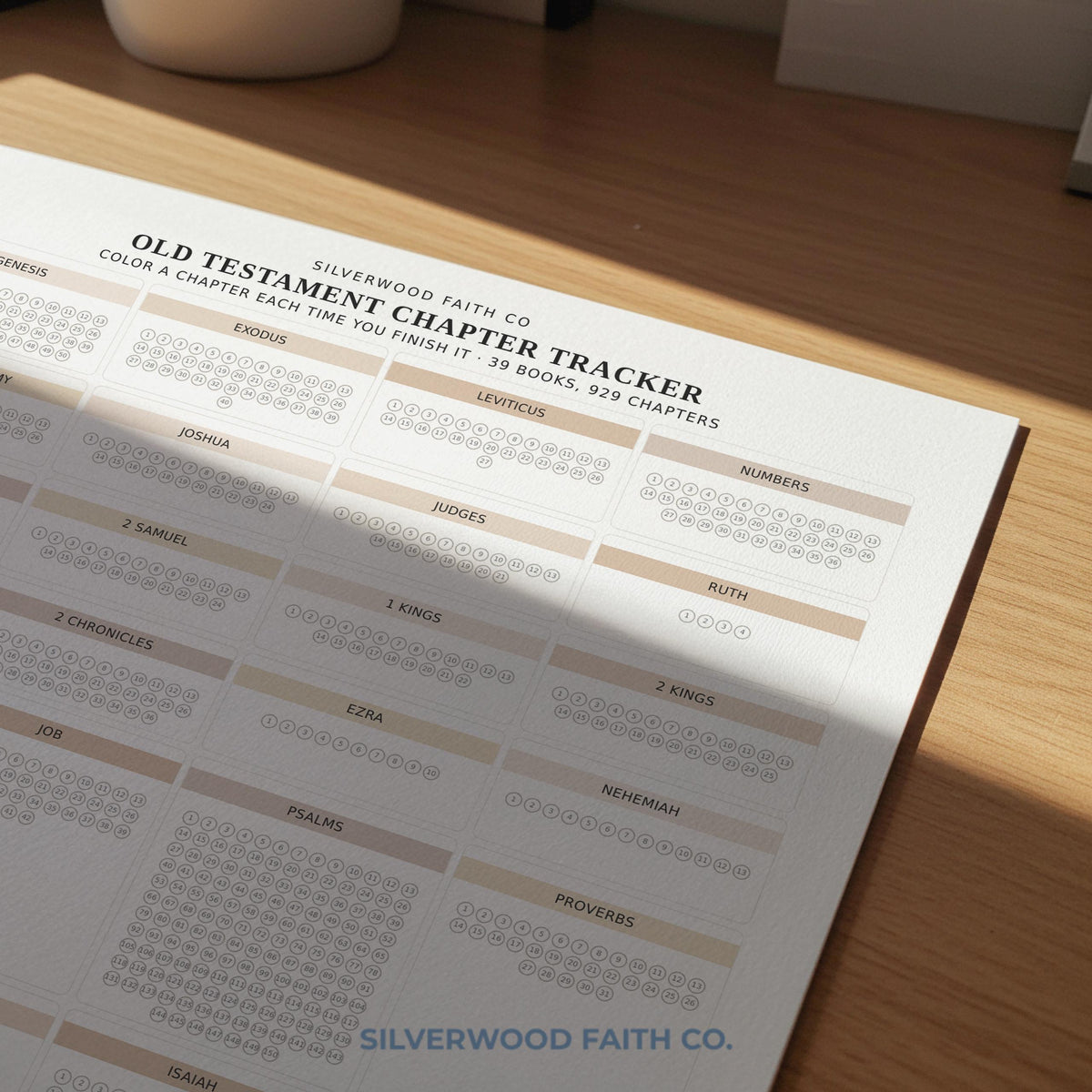 Scripture tracking chart digital print for home office — clean table format with checkbox grid in warm cashmere palette