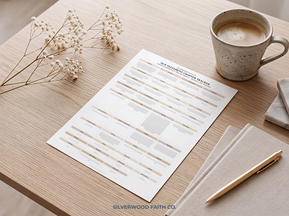 Testament progress tracker picture printable for spiritual planning — checkbox-style table art in soft sage tones with clean, modern structure