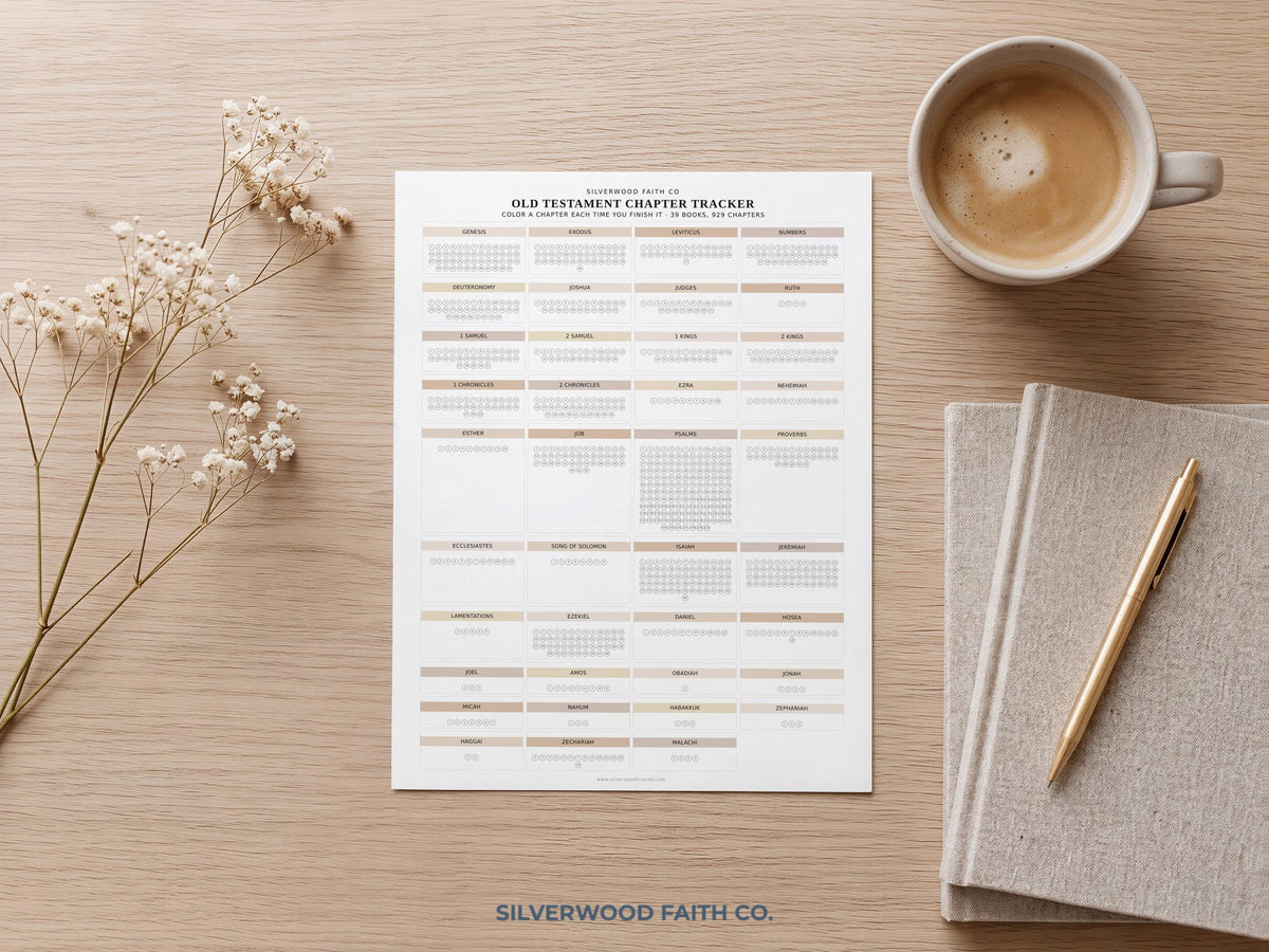 Scripture study organizer digital art for Sunday school — chapter-tracking table with subtle color blocks in warm, cozy aesthetic