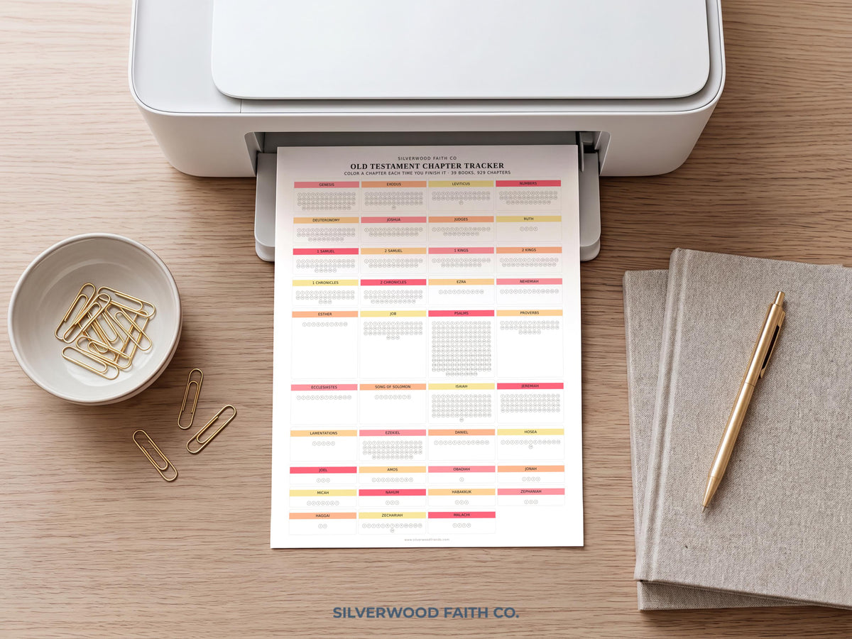 Testament book tracker wall art for study rooms — soft feminine design with color-blocked blush and mustard sections