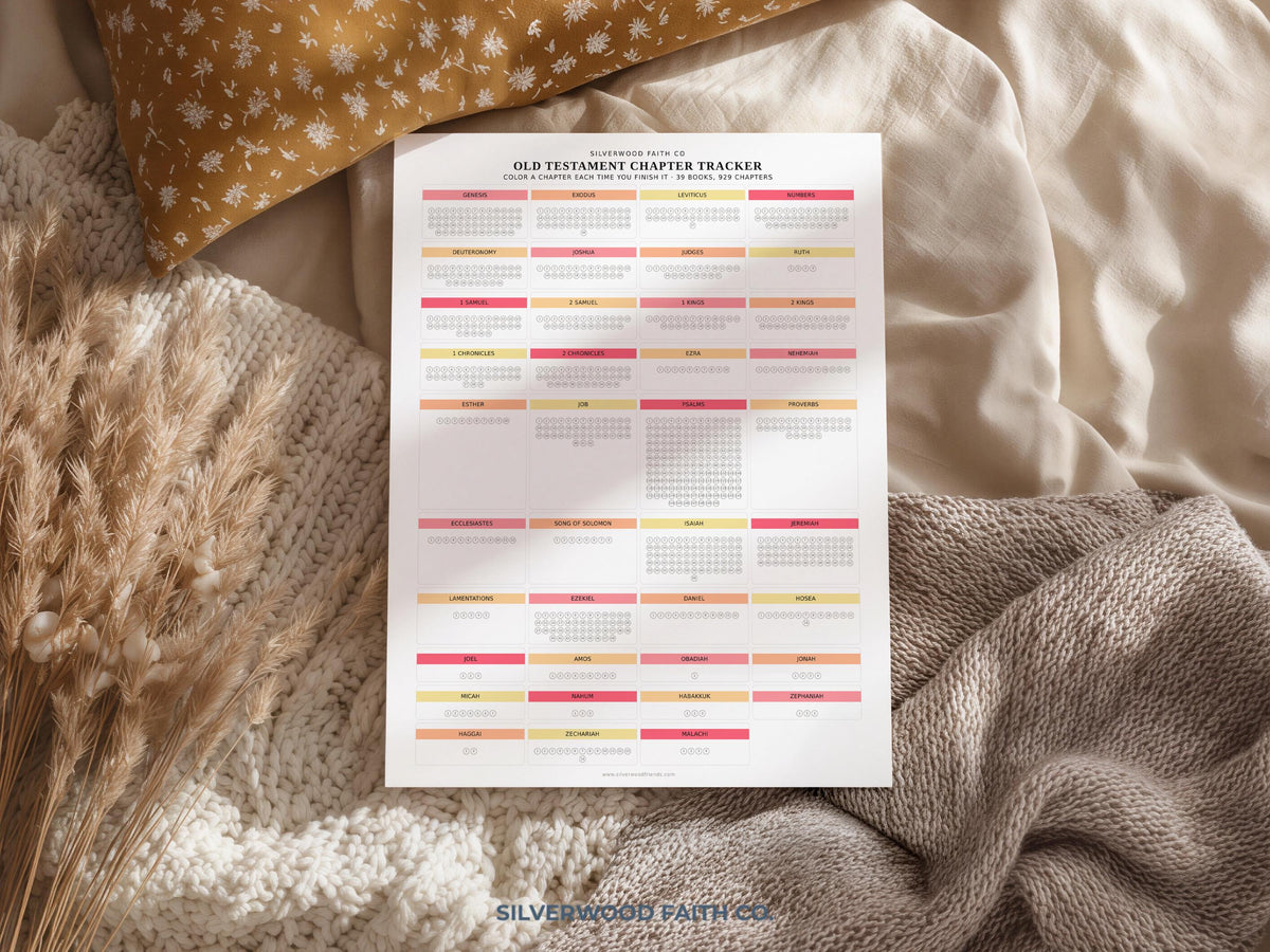 Biblical passage progress tracker digital download — cozy devotional chart with blush, coral, and golden yellow accents