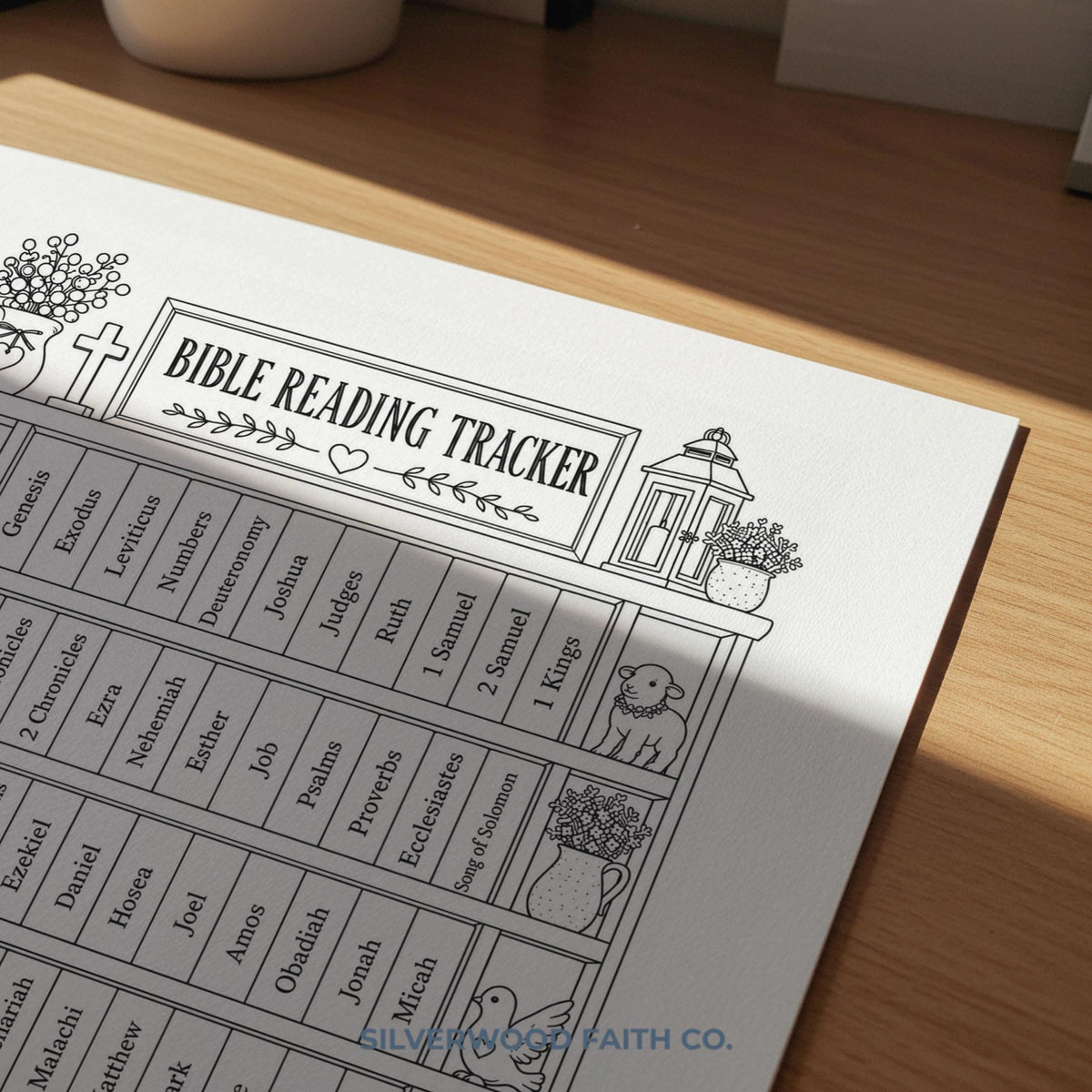 Bible Reading Tracker printable art — hand-drawn bookshelf with labeled book spines, potted plants, and cross for faith-based planning