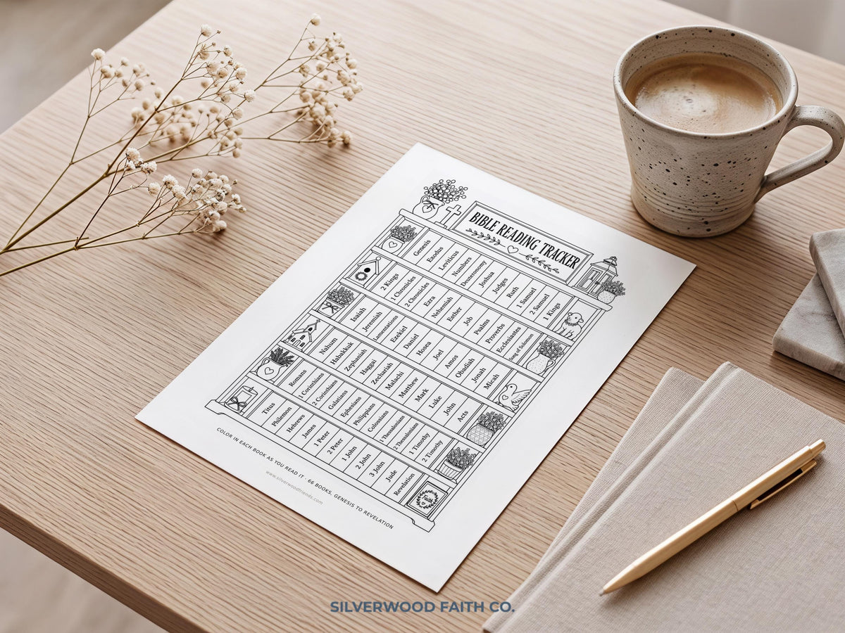 Bible study journal wall art printable — charming shelf illustration featuring organized Testament books with floral accents