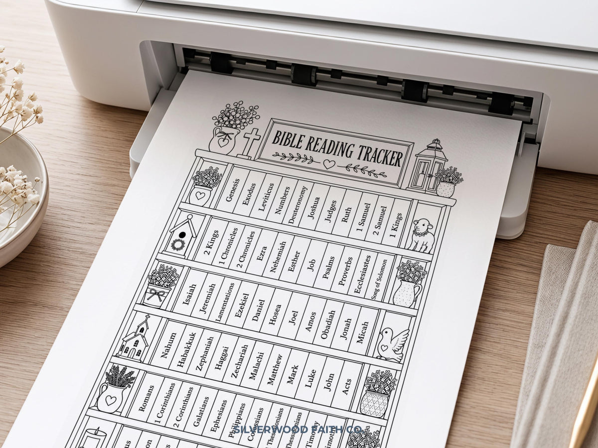 Hand-drawn Bible tracker artwork for bedroom — farmhouse aesthetic with sketched volumes, trinkets, and elegant faith-focused design