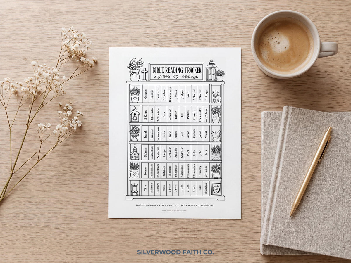 Bible Journaling wall decor printable for study room — delicate line-drawn shelf with figurines, cross motif, and cozy cottagecore vibe
