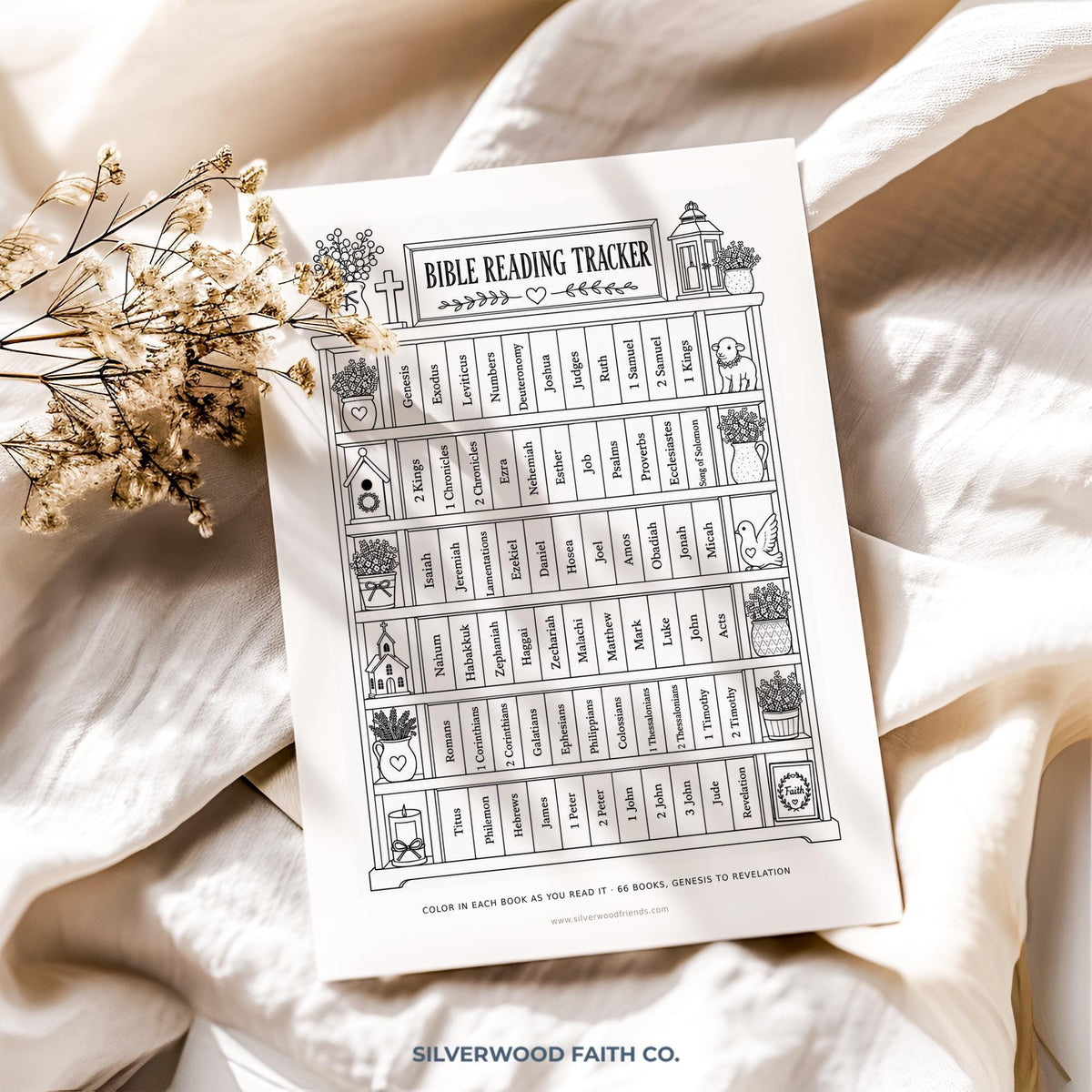 Bible Reading Plan picture for gallery wall — detailed line art shelf graphic with labeled volumes, potted plants, and delicate cross embellishment