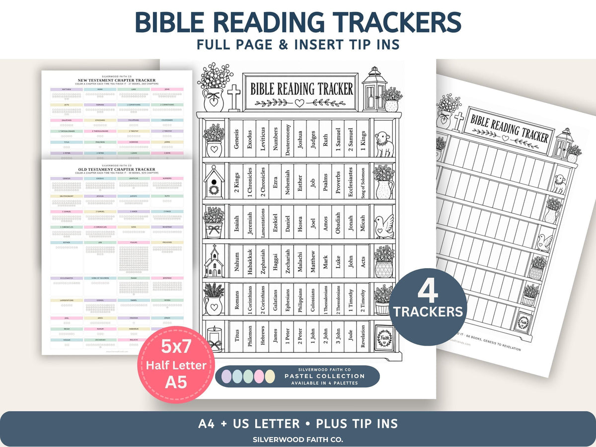 Bible Reading Tracker, Printable Books of the Bible Bookshelf Tracker, Printable Bible Study Template, PASTEL (Digital Download) 567