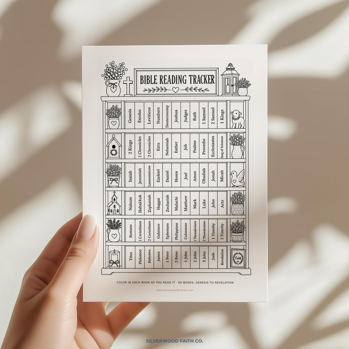 Bible Reading Tracker, Printable Books of the Bible Bookshelf Tracker, Printable Bible Study Template, PINK MEADOW (Digital Download) 568