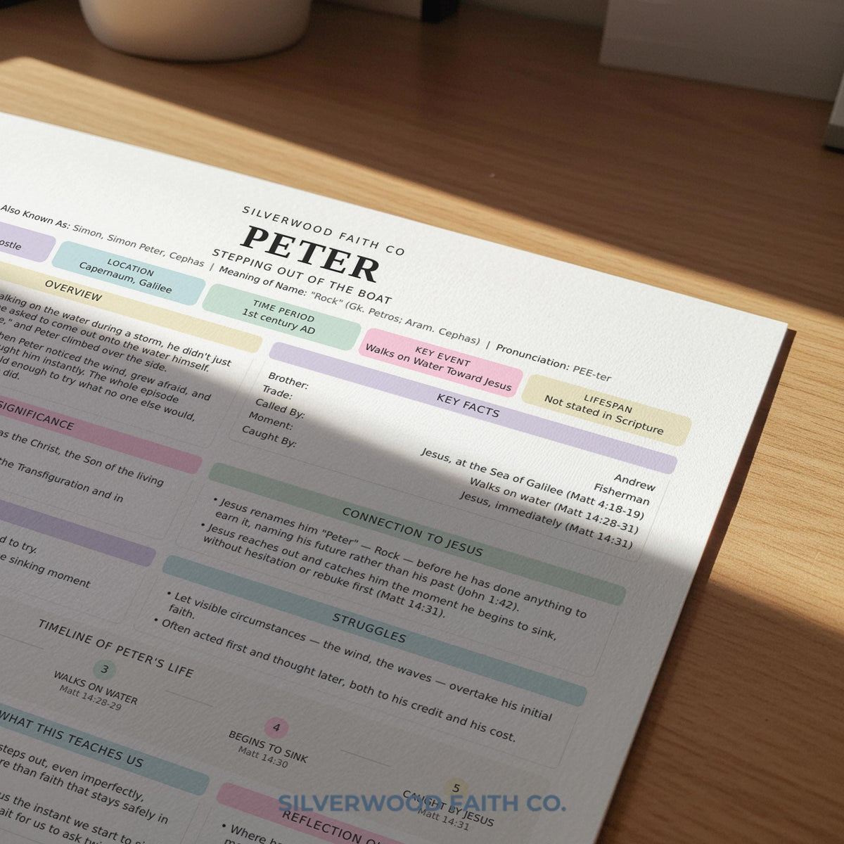 Scripture study wall art for faith-based learning — Peter focused educational worksheet with gentle pastel tones