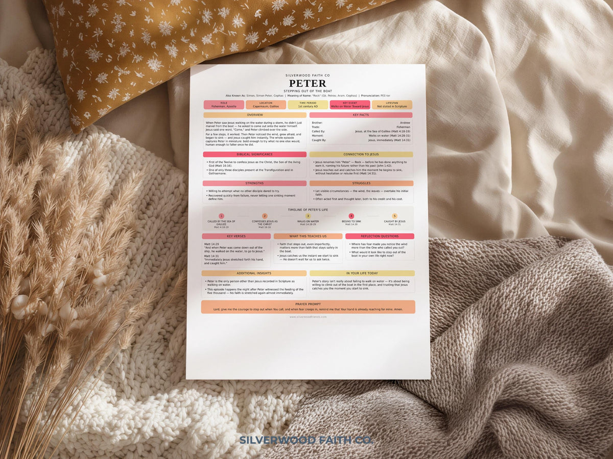 Scripture reference poster featuring Peter the apostle — printable wall art for Christian study with organized key verses and life facts