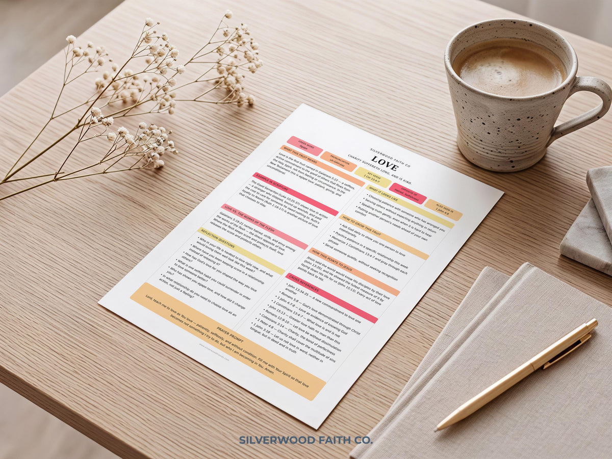 Scripture study digital print featuring organized devotional layout — modern faith worksheet with warm pastel tones and reflection prompts