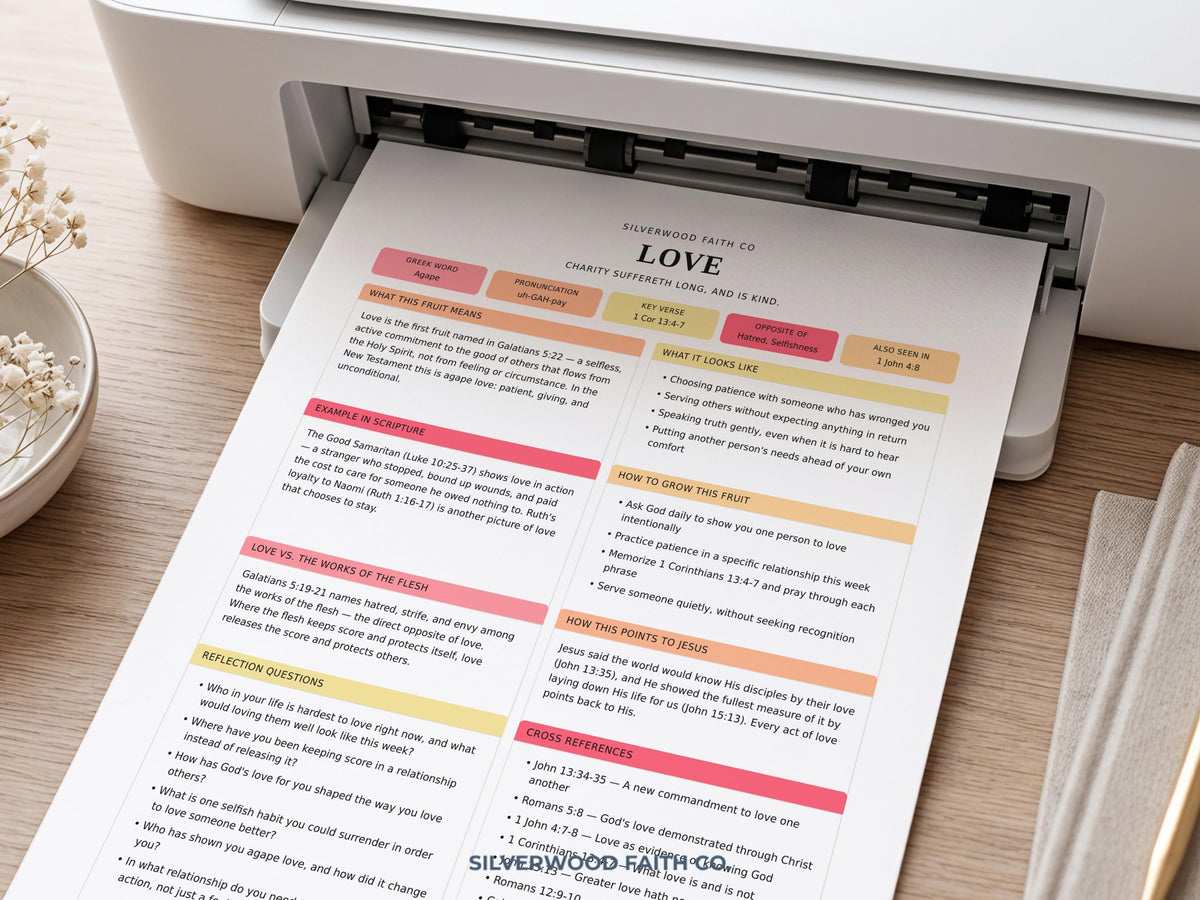 Faith-based worksheet printable art — clean contemporary layout with color-coded sections for spiritual reflection and verse mapping