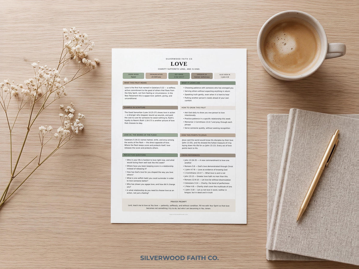 Love devotional worksheet printable art for Bible study — sage green faith-based journal template with reflection prompts