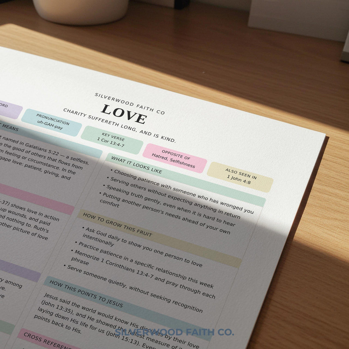 Faith-based virtue worksheet picture for gallery wall — gentle design featuring color-coded sections and reflective prompts