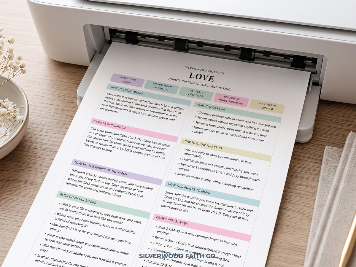 Love virtue study worksheet printable art for home — pastel faith-based devotional with organized color-coded sections