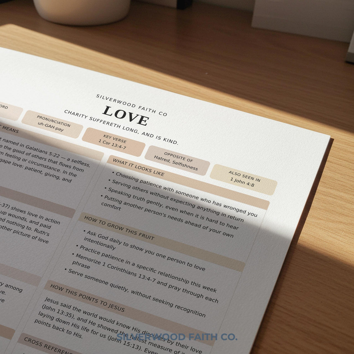 Christian reflection worksheet printable featuring inspirational layout — organized study guide with multiple journaling areas and soft warm color palette