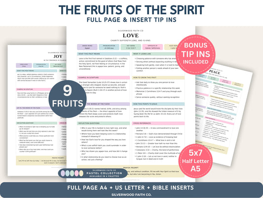 Fruit of the Spirit Study Guide Bundle, Galatians 5 Bible Study, Full Page Worksheets & Bible Insert Tip Ins PASTEL (Digital Download) 577