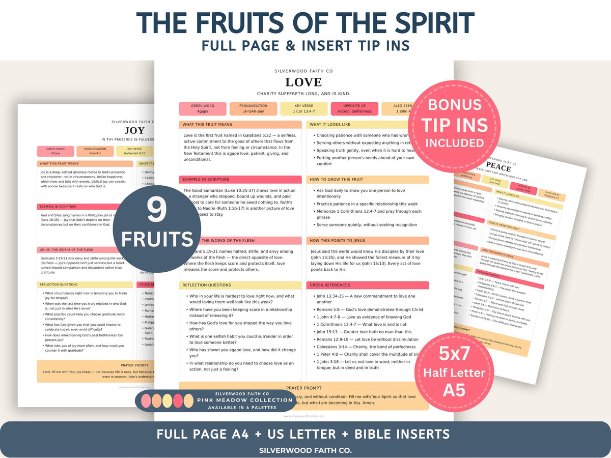Fruit of the Spirit Study Guide Bundle, Galatians 5 Bible Study, Full Page Worksheet & Bible Insert Tip Ins PINK MEADOW(Digital Download)579