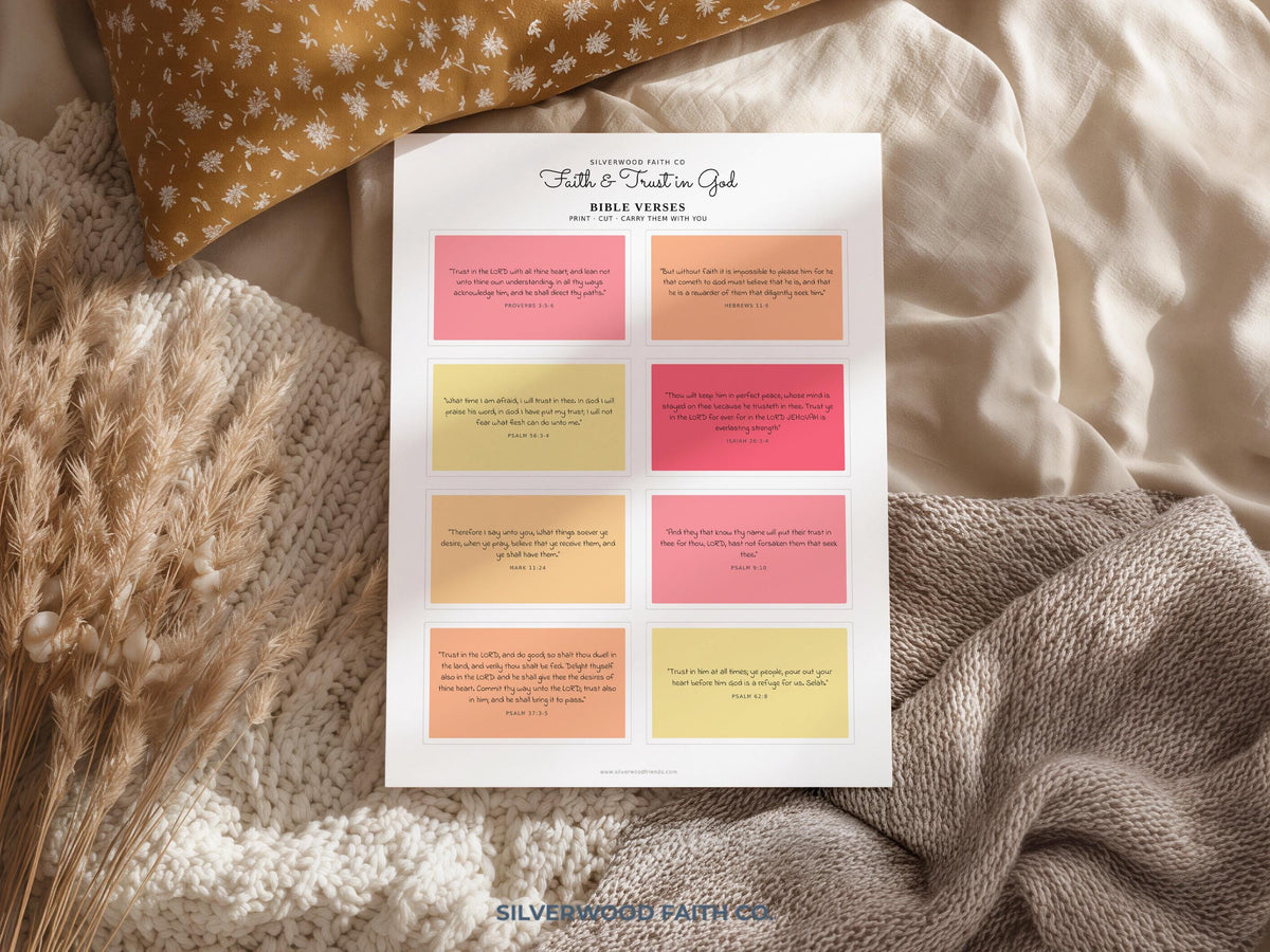 Colorful faith and trust scripture cards printable art—coral, pink, mustard yellow blocks with inspirational bible verse text