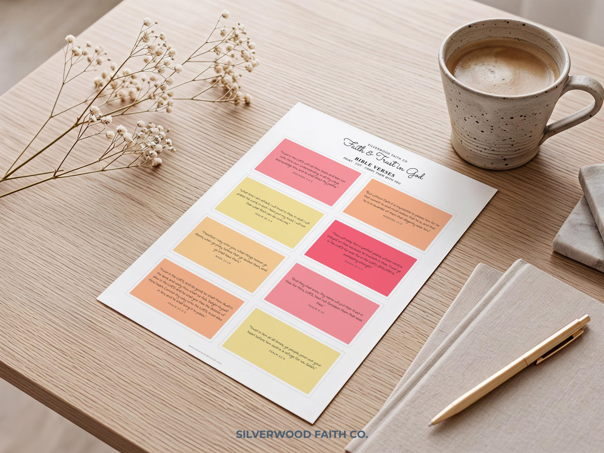 Christian memory cards picture for office—grid-style printable layout with solid colors, scripture passages, and contemplative aesthetic