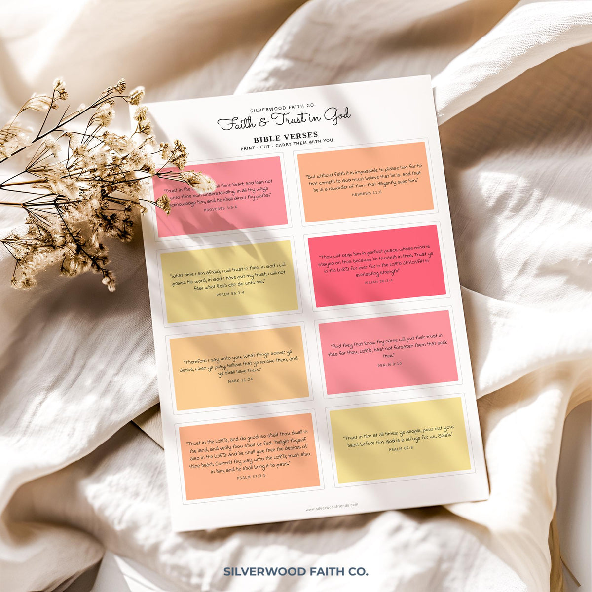 Scripture journaling cards wall decor for prayer space—minimalist bible verse layout with mustard yellow, pink accents, and modern typography