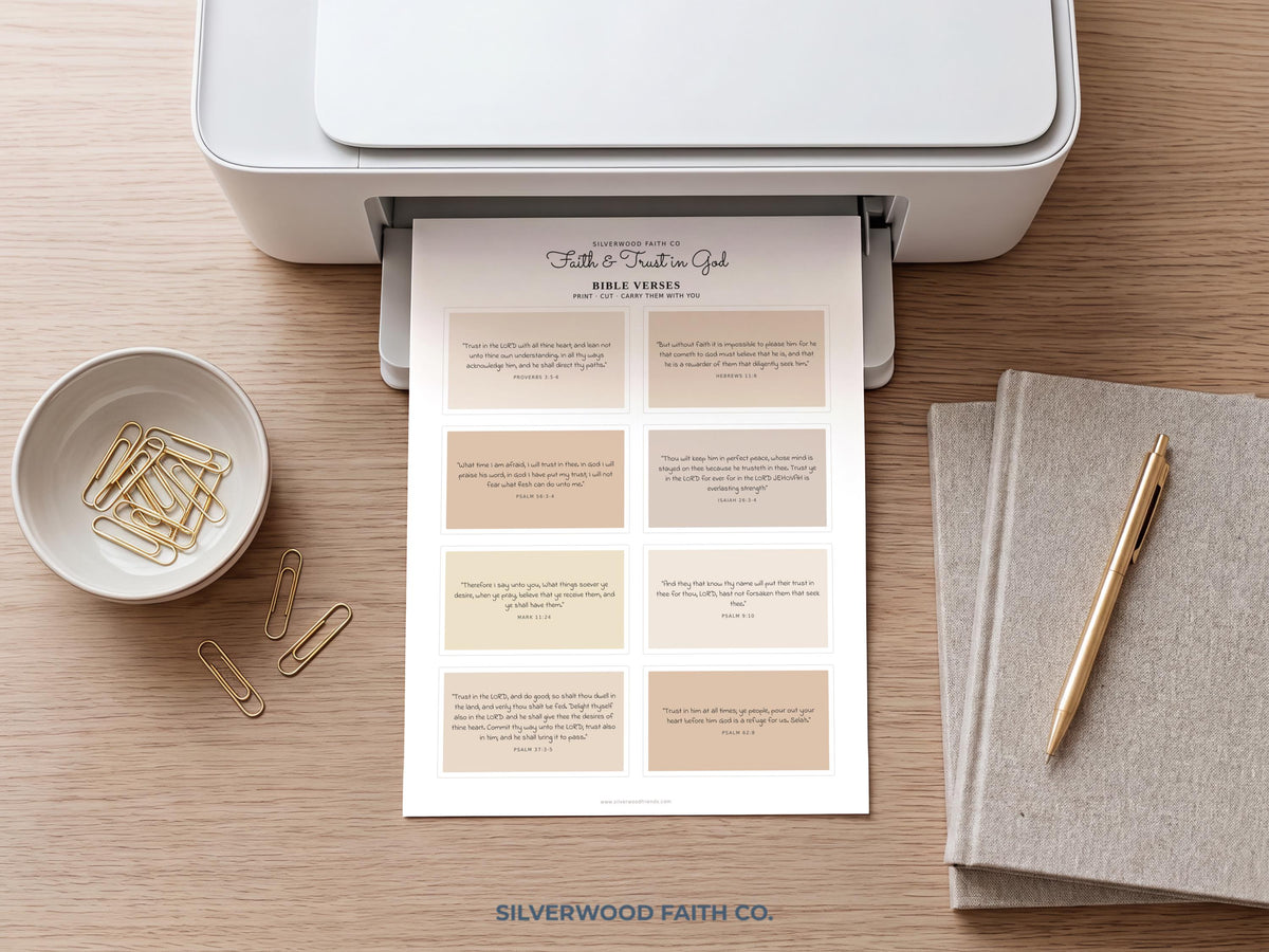 Faith-focused wall art printable collection with minimalist serif lettering and muted pastel tones for bedroom devotionals