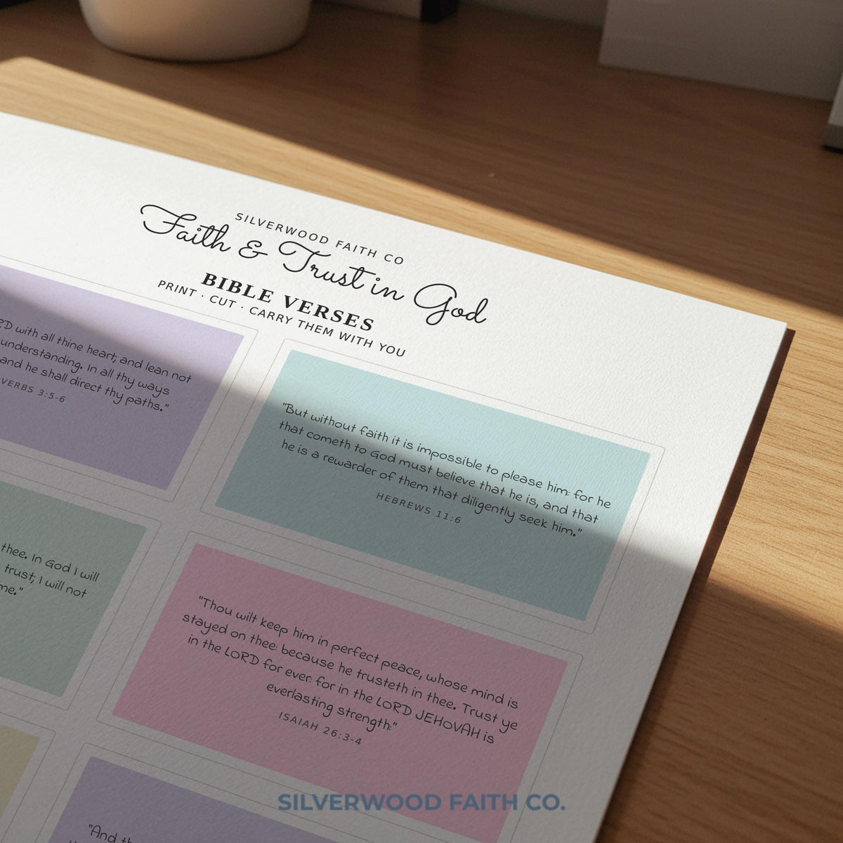 Christian devotional printable cards in butter yellow, lavender, and blush tones with modern elegant script