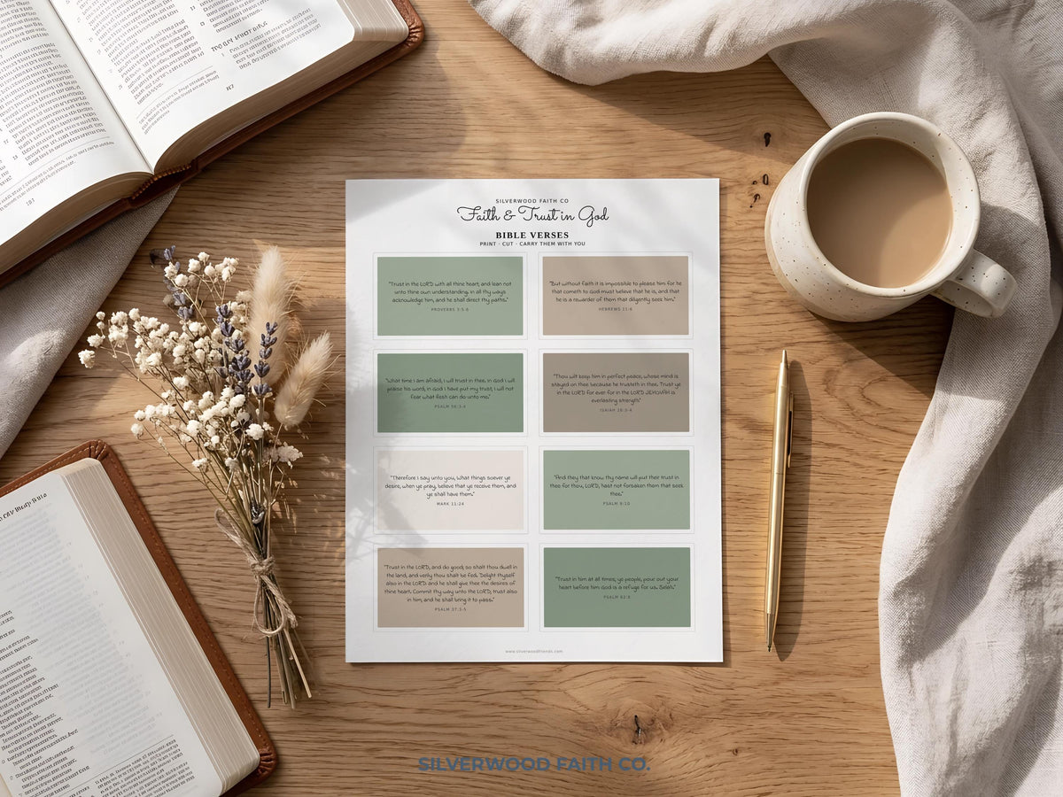 Scripture cards wall decor for bedroom featuring grid arrangement of motivational Bible quotes in cozy earth-tone colors