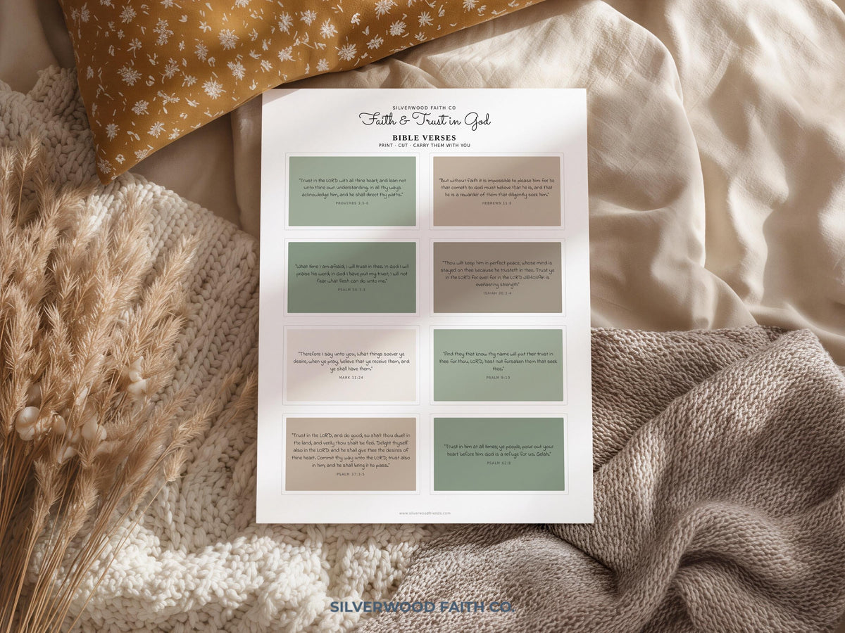 Instant download devotional cards artwork — neutral faith theme with script headers and alternating solid color blocks for cutting