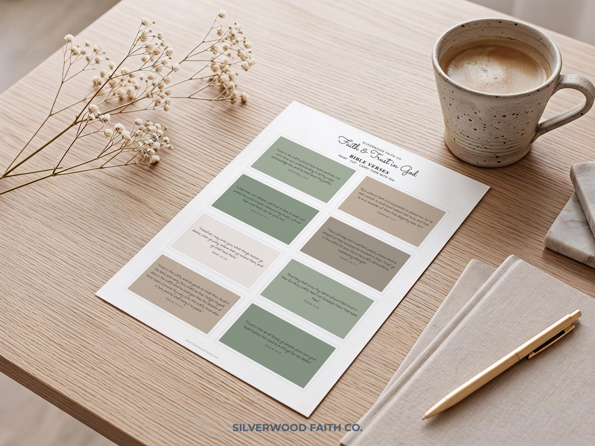 Faith-inspired printable art featuring inspirational scripture quotes in soft sage and warm taupe tones with clean serif fonts